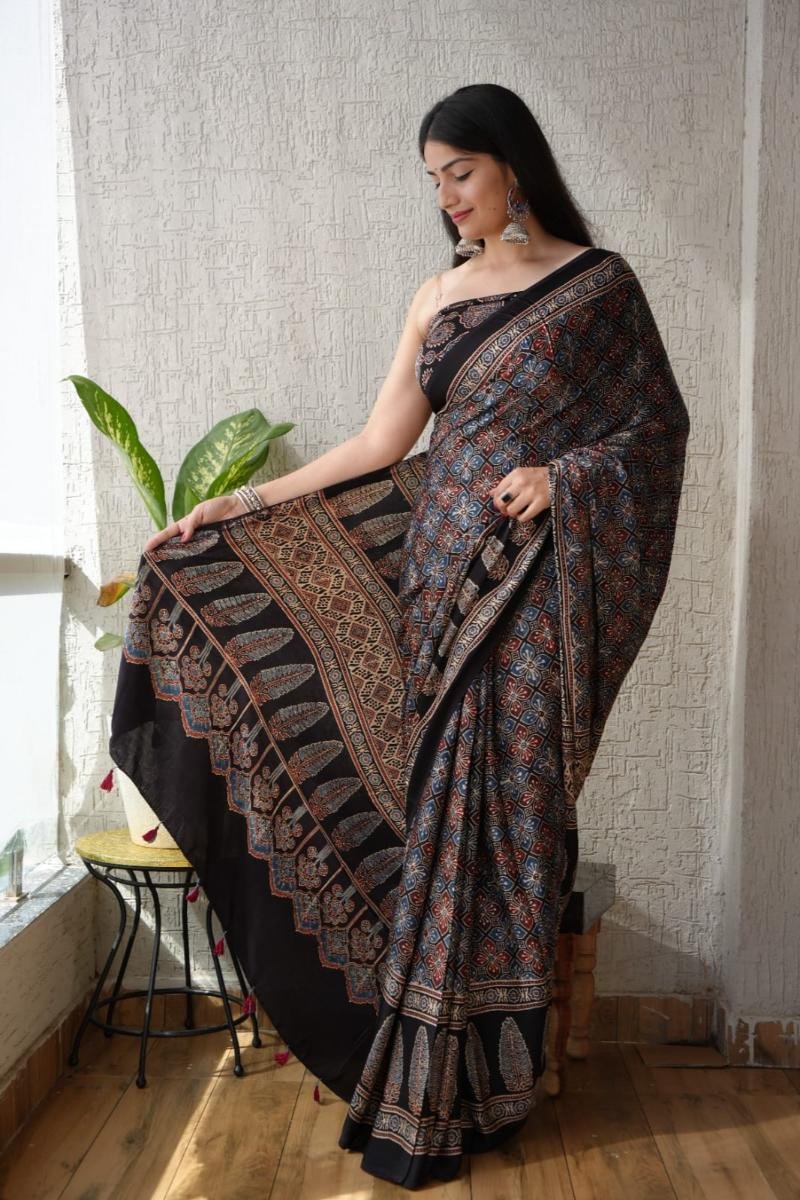 Ajrakh Modal Silk Sarees - Traditional print