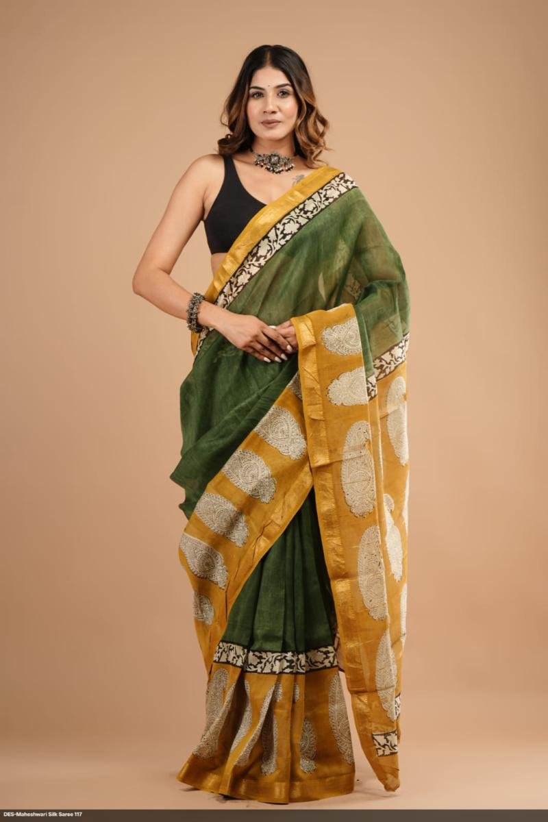 Bagru Maheshwari Silk Sarees - Hand-block printed