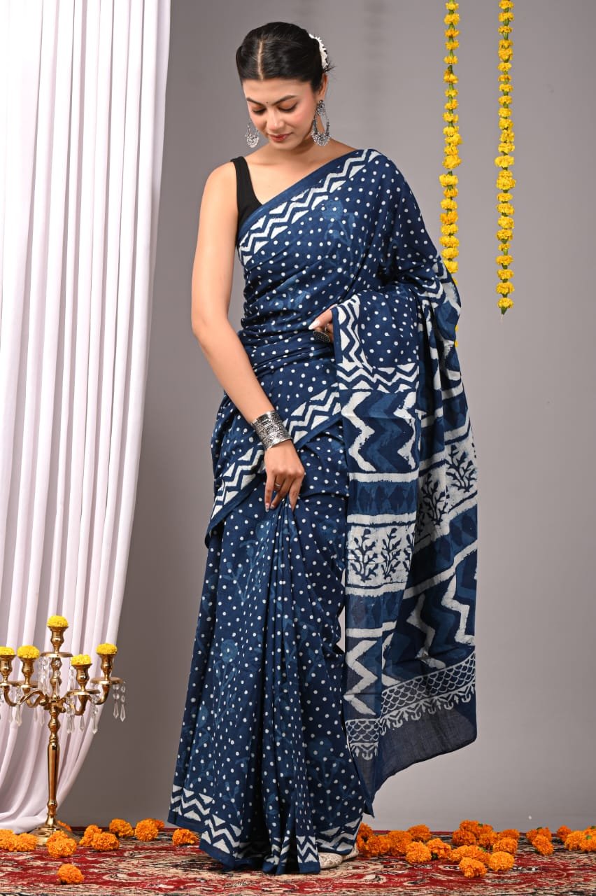 Natural Indigo Mulmul Cotton Saree