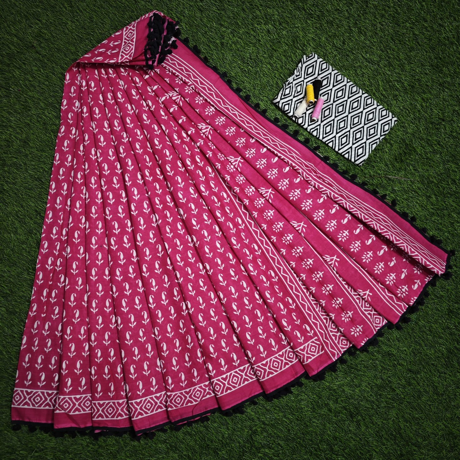 Mulmul Cotton Saree with Pompoms